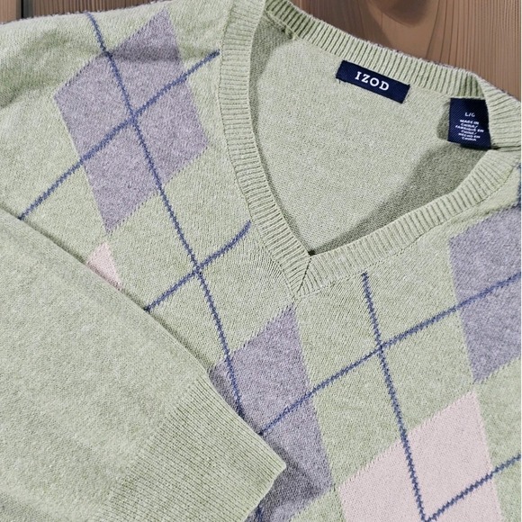 Izod Other - IZOD Argyle Sweater Mens L Green V-Neck Long Sleeve Knit Pullover Y2K Preppy
